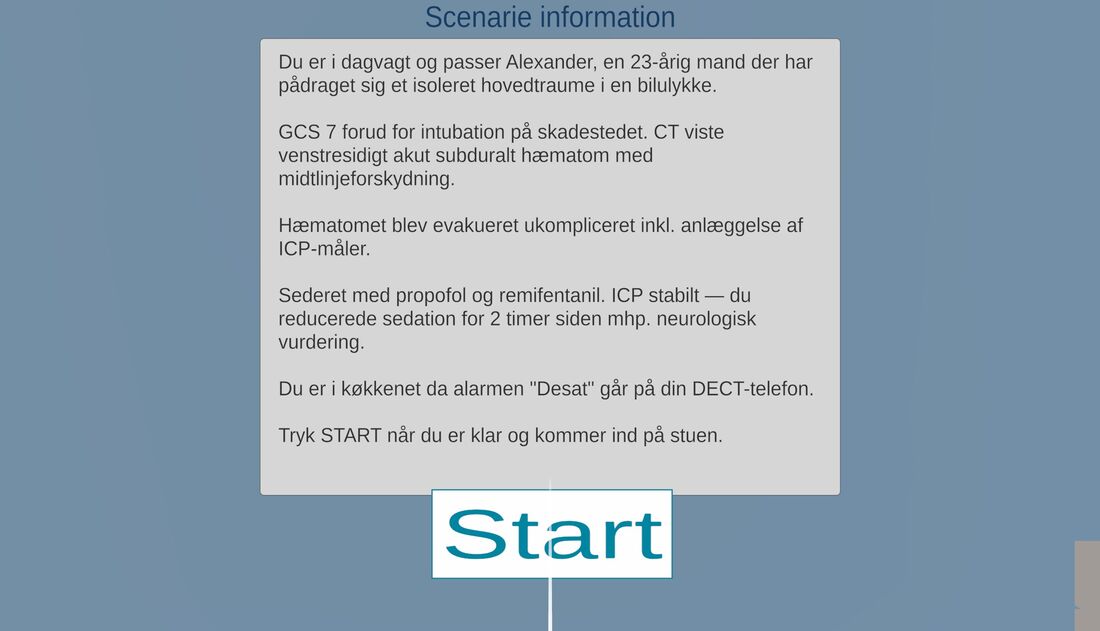 Scenarieskærm med patienthistorie og START-knap