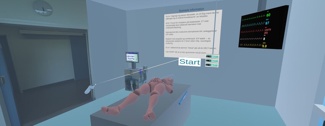 Den virtuelle intensivstue med patient, monitor og START-knap